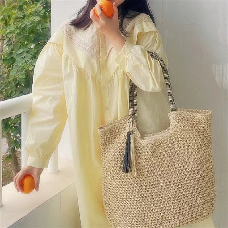 eybag Fashion Straw Weave Tassel Women Shoulder Bags New Female Handbags Large Capacity Summer Beach Straw Bags Casual Tote Purses