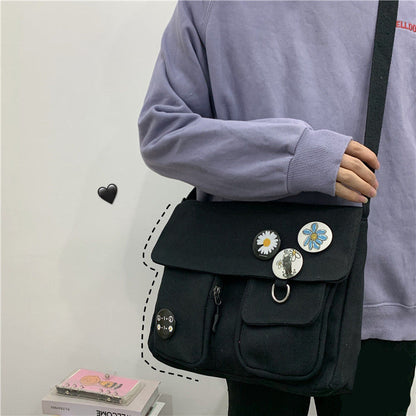 eybag Canvas Crossbody Bags Youth Fashion Casual Large Capacity Ladies Shoulder Bag Solid Color Women Messenger Bag with Pendant