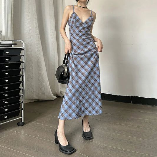 eybag Plaid Pattern V Neck Elegant Slim Women'S Dresses Party Club Casual Y2K Streetwear Daily Summer Fall Outfit