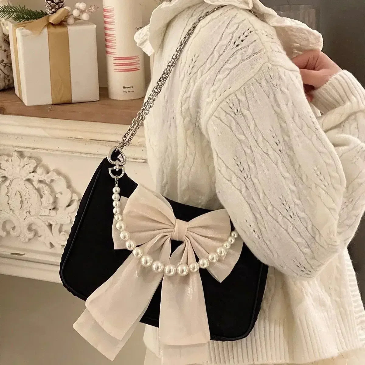 eybag Vintage Bowknot Women Underarm Bags Faux Pearl Chain Ladies Shoulder Crossbody Bag Female Soft Nylon Purse Small Tote Handbags