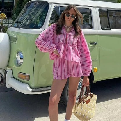 eybag Summer Casual Striped Shirt Shorts Suit Ladies Loose Bow Lace Cut-out Long Balloon Sleeve Suit Women's Summer Beach Ladies Suit