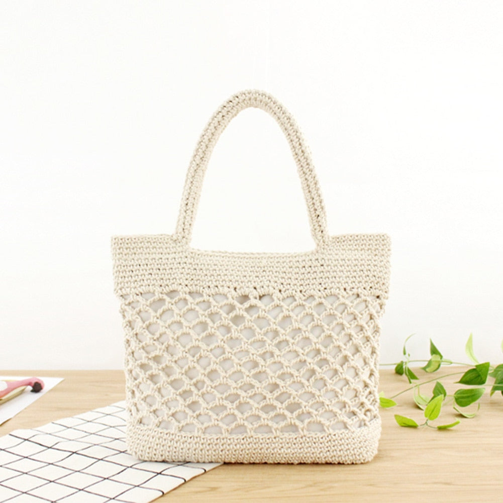 eybag Women Casual Handbags Fashion Summer Straw Woven Hollow Handmade Cotton Shopper Totes Beach Net Bags Female Casual Shoulder Bags