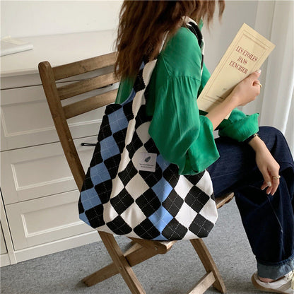 eybag Women Canvas Shoulder Bag Lattice Print Ladies Casual Handbag Tote Bag Large Capacity Cotton Reusable Shopping Beach Bag  2022