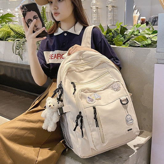 eybag College Girl School Bag Fashion Women Backpack Men Cool Nylon Travel Backpack Femlae Big Schoolbag Multi-pocket Badge Bookbag