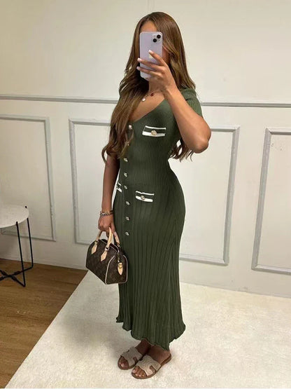 eybag Elegant Knitted Long Dress Women Summer V Neck Single Breatsed Short Sleelve Bodycon Dresses Fashion Party Office Lady Vestidos