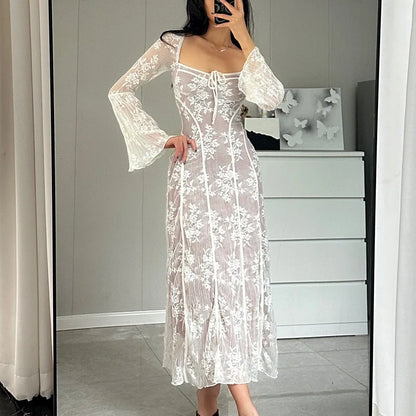 eybag Vintage Lace Long Dress for Women Fashion Elegant Flare Sleeve Square Collar Pleated Dresses Vacation Beach Party Ladies Outfits