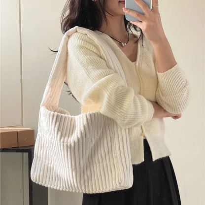 Lkblock Fashion Corduroy Tote Women Handbags Striped Quilted Shoulder Bag Winter Wide Strap Commuting Bags for Women Shopper Purses 2024