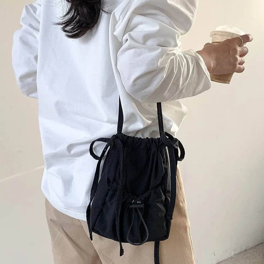 eybag Mini Drawstring Crossbody Bags for Women Casual Ruched Shoulder Bag Small Canvas Phone Flap Bag Square Nylon Handbags 2024 Chic