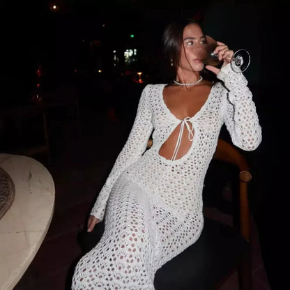 eybag White Knitted Beach Dress Women Sexy Hollow Out Slim Maxi Boho Holiday Dresses Summer Long Sleeve Bikini Cover Up Dress 2024