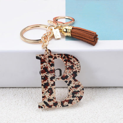 Lkblock Fashion Acrylic Leopard Letter Keychain With Tassel Fashion Couple 26 A-Z Initial Letter Pendant With Key Ring For Women Bag