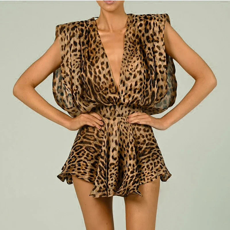 eybag 2024 Summer New Women's Vintage Leopard Dress Print Sleeveless Low-Cut Sexy Tie Dress