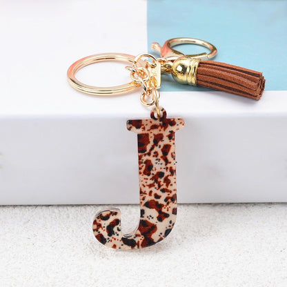 Lkblock Fashion Acrylic Leopard Letter Keychain With Tassel Fashion Couple 26 A-Z Initial Letter Pendant With Key Ring For Women Bag