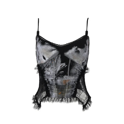 eybag New Punk Grunge Fairy Y2K Tops Gothic Dark Style Sexy Lace Patchwork Printed Glass Bead String Strap Top for Women