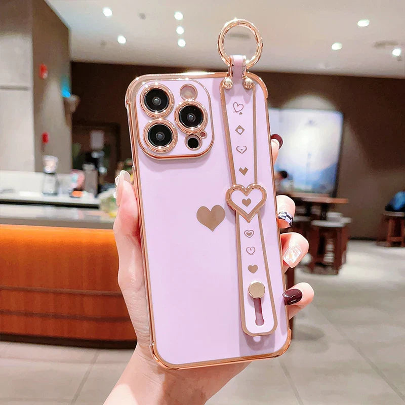 eybag New Electroplated Solid + Love Wrist Strap Mobile Phone Case For iPhone 11/12/13/14/15 Pro Max Apple Series Phone Cases