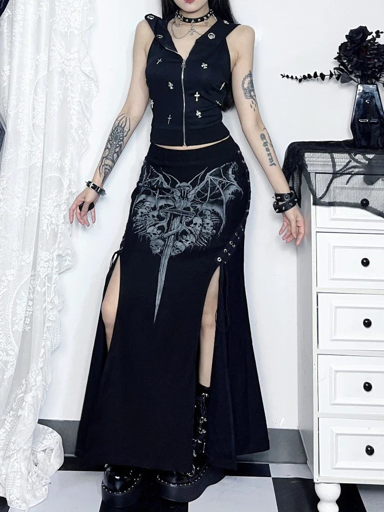 eybag Vintage  Print High Waist Mermaid Maxi Skirt Gothic Long Skirts Gothic Print Sexy High-slit Skirt for Women