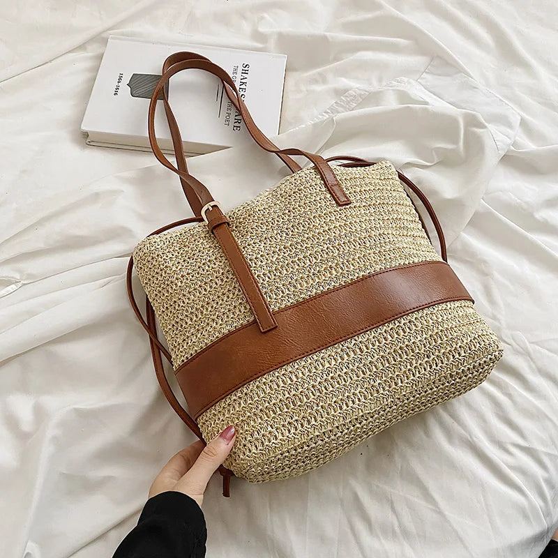 eybag Summer Straw Bag For Women Woven Handmade Handbag Large Capacity Lady Tote Vacation Beach Bag Rattan Shoulder Bag splicing Totes