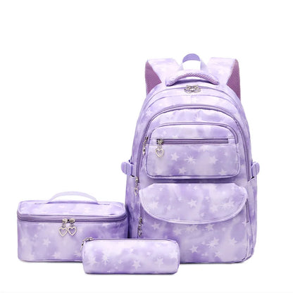 eybag Purple Star Print Kids School Backpacks Set for Teen Girls with Lunch Bags Water Resistant Lightweight Large Bookbag for Middle School