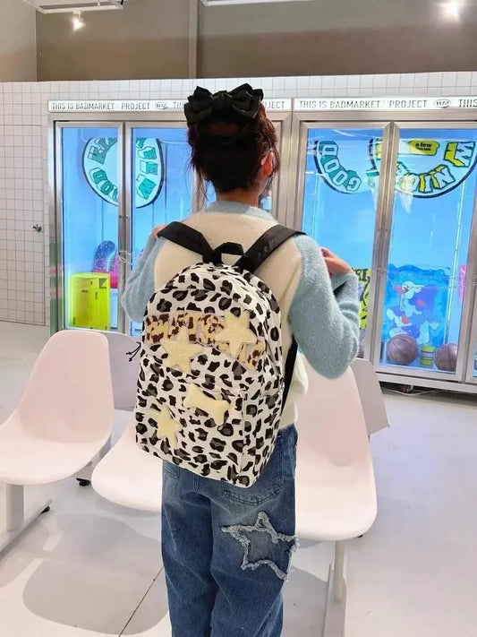 eybag Japanese Original Leopard Star Canvas Backpack for Women Y2k College Student Commuting Large Capacity Backpack Leisure Handbag