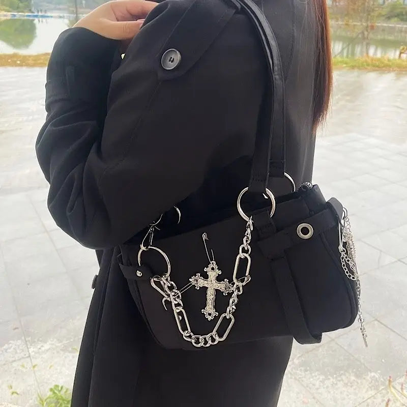 eybag Gothic Cross Y2k Bag Women Vintage Grunge Punk Chain Casual Girls Shoulder Bag Female Retro Moto Biker Black Handbag Aesthetic