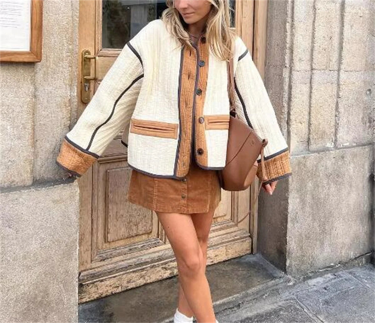 eybag Women Contrast Patchwork Quilted Jacket Autumn Winter New In Coat Long Sleeve Loose Coats Fashion Single Breasted Lady Outwears