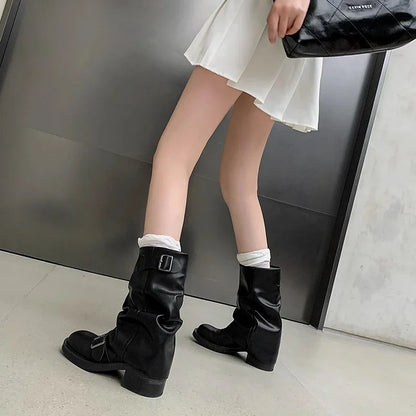 eybag Autumn Winter Thick High Heels Women Mid Calf Boots Hot Sale Gothic Calves Motorcycles Boots Buckle Comfy Walking Boots