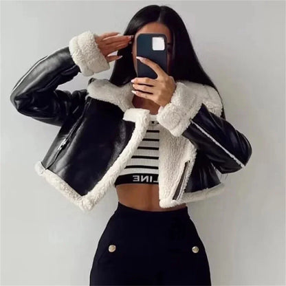 eybag Women Solid Cropped Leather Jacket Zipper Long Sleeves 2024  Autumn Winter Coat Vintage Female Chic Lady Outfits Short  Jackets