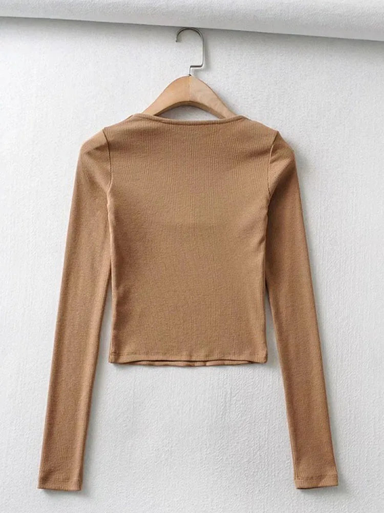 eybag Women Cotton Ribbed Square Neck Crop Top With Long Sleeve