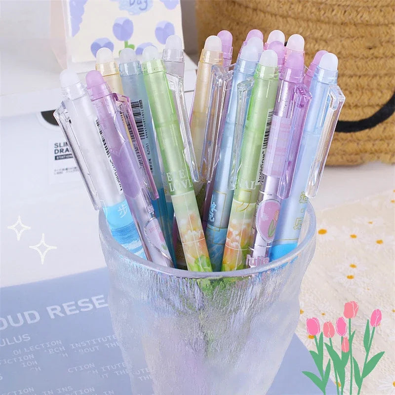 eybag 6pcs Erasable Gel Pens Romantic Flowers Blue Black Ink Signature Pens with Erasers 0.5mm Cute Pens Writing Tools Office School