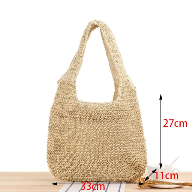 eybag Summer Woven Straw Handbag Women Contrast Color Cotton Rope Beach Bag Travel Large Capacity Tote Shopping Handle Bags