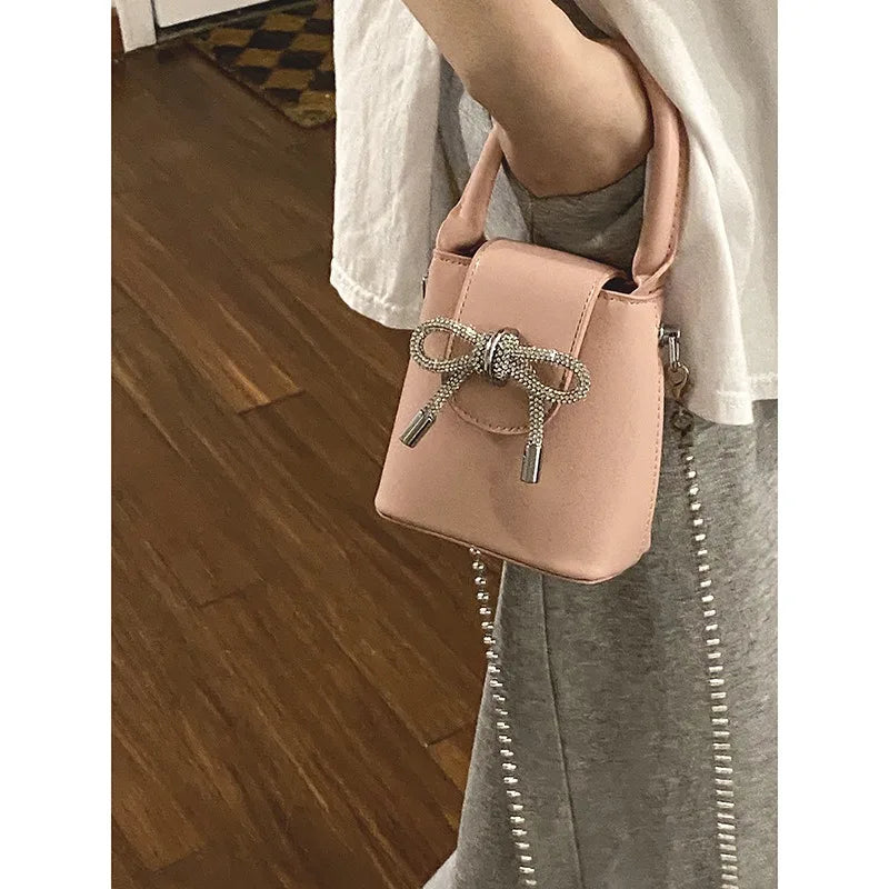 eybag Sweet Bow Womens Handbag Cute Pink Korean Fashion Small Leather Crossbody Bag Chains Ladies Elegant Fashion Evening Bag