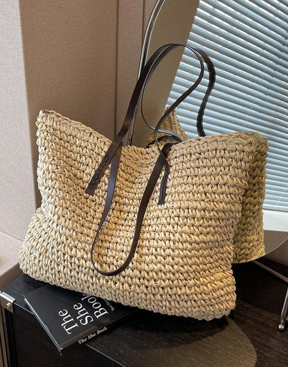 Lkblock Luxury Design Straw Woven Tote Bags Summer Casual Large Capacity Handbags New Fashion Beach Women Shoulder Simple Style Shopping