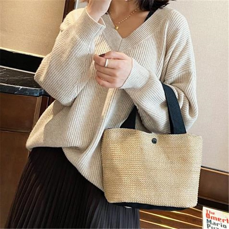 Lkblock Elegant Ladies Straw Woven Handbag Women Holiday Beach Casual Tote Top-Handle Bags Fashion Retro Shoulder Bags 2022