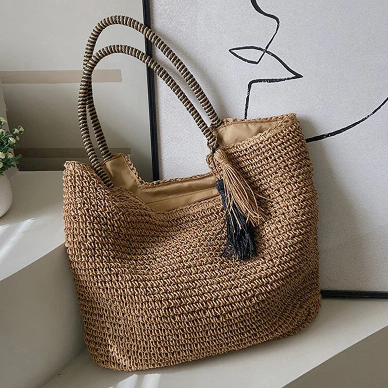 eybag Fashion Straw Weave Tassel Women Shoulder Bags New Female Handbags Large Capacity Summer Beach Straw Bags Casual Tote Purses