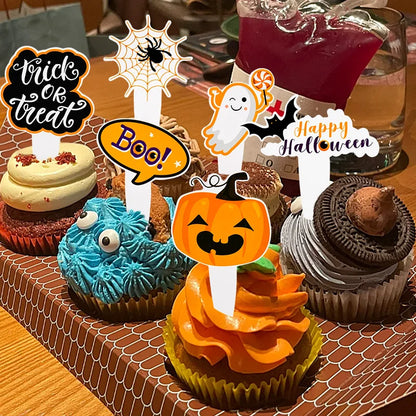 -16-48pcs Halloween Cupcake Toppers Pumpkin Ghost Bat Cake Flag Dessert Cake Decorations Kids Halloween Birthday Party Supplies