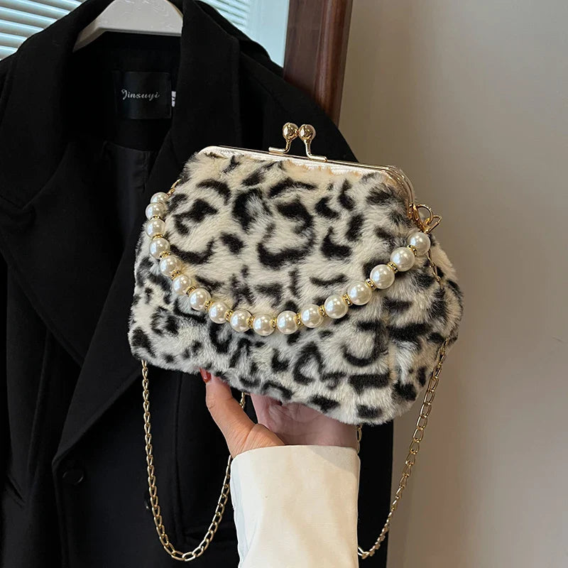 eybag Fashion Design Women's Dinner Bag Winter Plush Leopard Clutch Bag Chain Metal Clip one-shoulder Crossbody bag