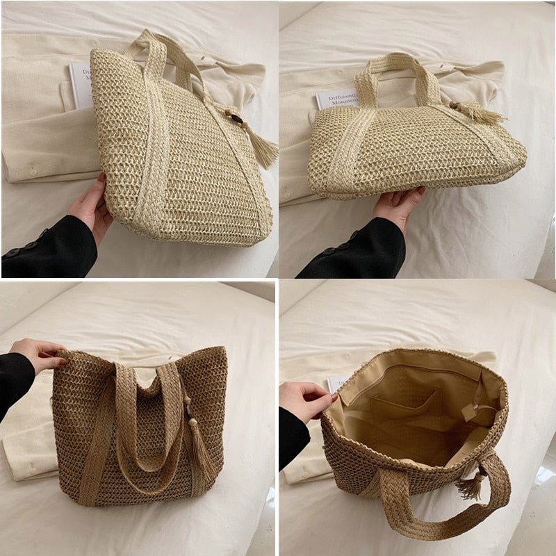 eybag 2023 Straw Braided Bag Hand-woven Simple Handbag Holiday Beach Shoulder Bag Casual Trend Women Large Capacity Tote Shopping Bags