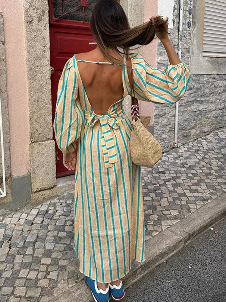 eybag Striped Print Women Maxi Dress women Elegant O Neck Lantern Sleeve Backless Female Dresses 2024 Summer High Waisted Robe