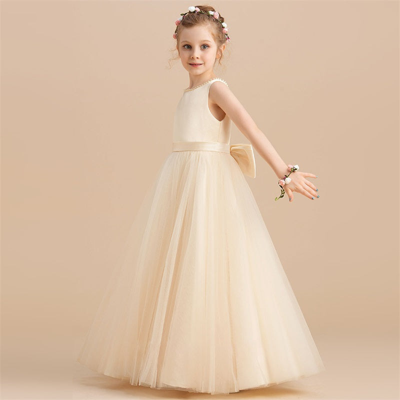 Teen Girl Party Dress for Wedding Backless Princess Dress Girl Bridesmaid Pearl Sleeveless Long Dress Child Ceremony Event Gowns