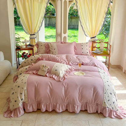 -Korean Princess Style Bedding Set, Lace Patchwork, Embroidery Ruffles, Duvet Cover Set, Bed Sheet, Pillowcases, 4Pcs