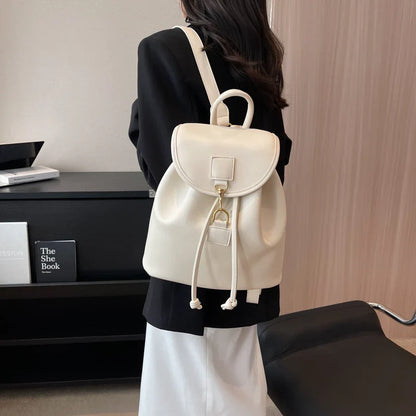 eybag Genuine PU Leather Backpack Female Large Capacity Casual School Bag Solid Drawstring Travel Shoulder Bag Korean Fashion Backpack