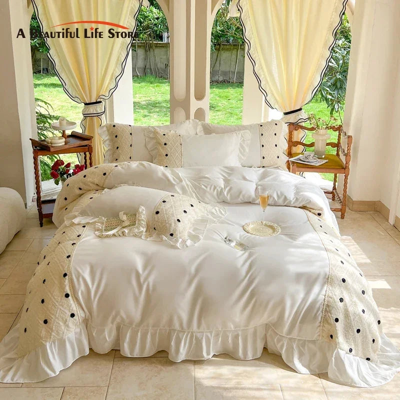 -Korean Princess Style Bedding Set, Lace Patchwork, Embroidery Ruffles, Duvet Cover Set, Bed Sheet, Pillowcases, 4Pcs