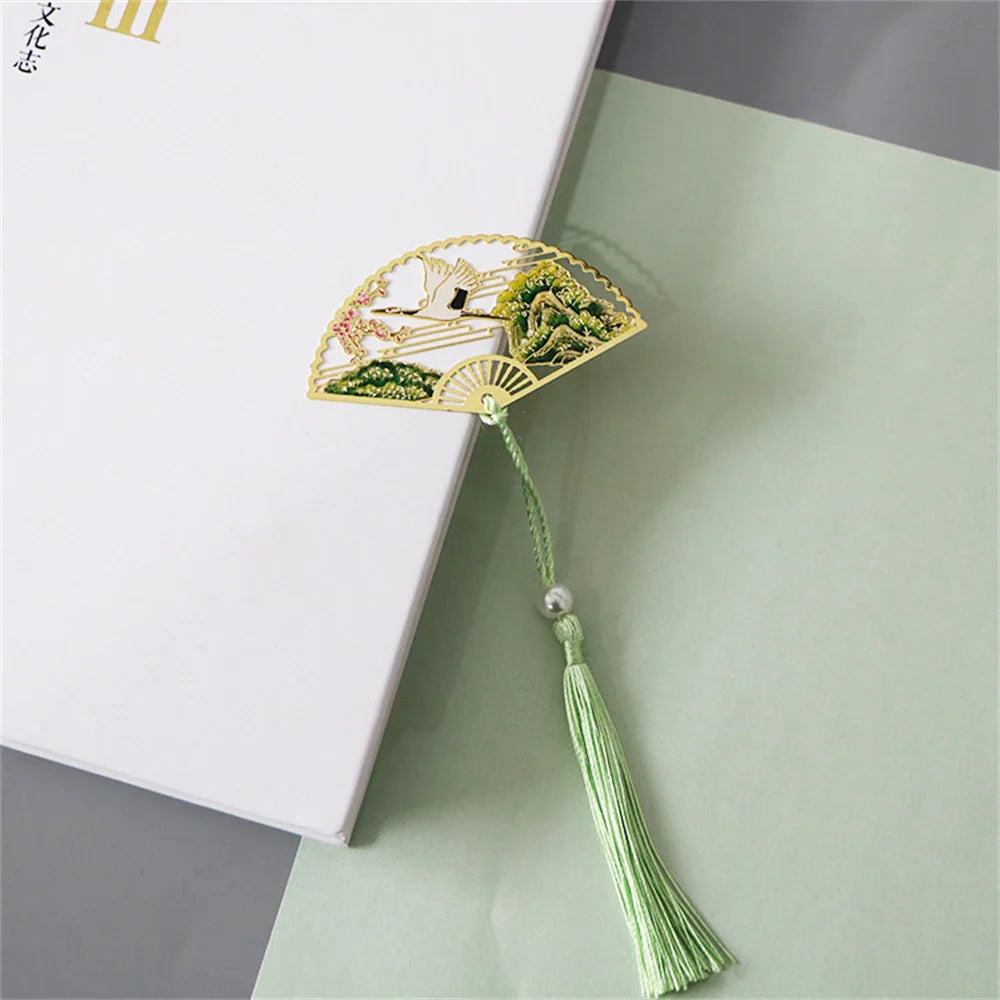 eybag Exquisite Hollow Fan Shape Bookmarks With Tassel Beautiful Chinese Style Metal Book Mark Student Stationery Reading Supplies