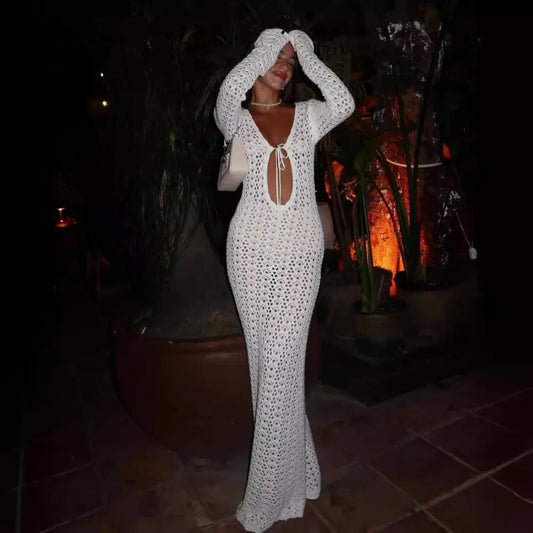 eybag White Knitted Beach Dress Women Sexy Hollow Out Slim Maxi Boho Holiday Dresses Summer Long Sleeve Bikini Cover Up Dress 2024