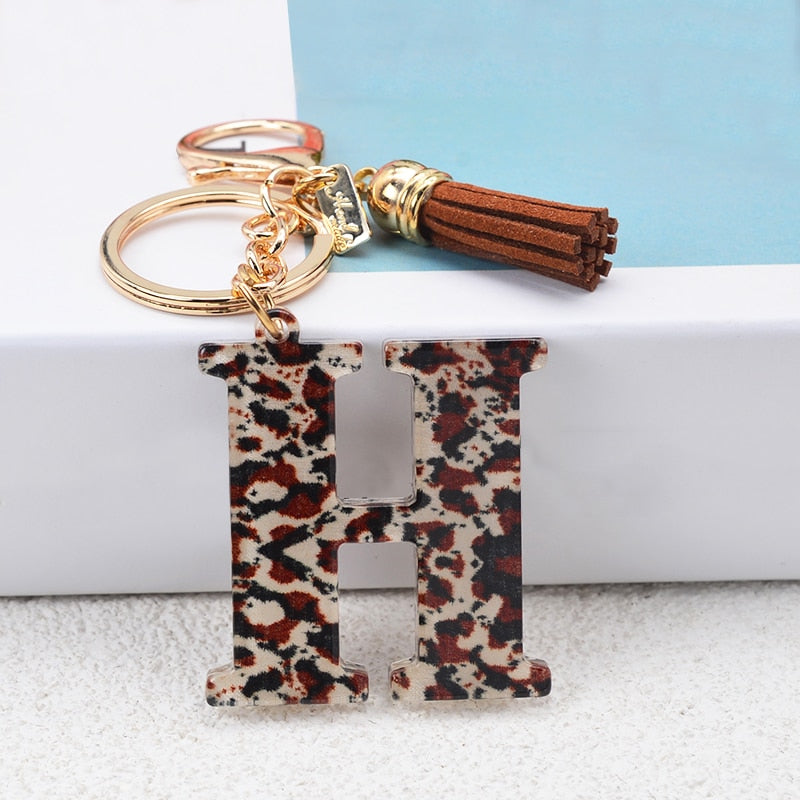 Lkblock Fashion Acrylic Leopard Letter Keychain With Tassel Fashion Couple 26 A-Z Initial Letter Pendant With Key Ring For Women Bag