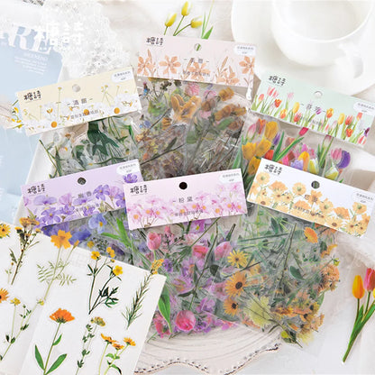 eybag 40Pcs/Lot Elegant Flower Series Stickers PET Transparent Scrapbook Phone Decoration Decals DIY Material Waterproof Sticker Gifts