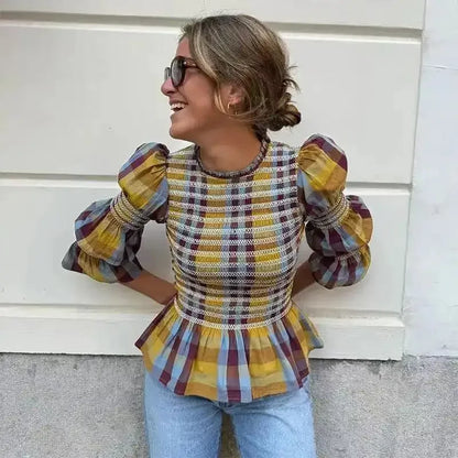 eybag Elegant Plaid Pleated Shirt Women Retro Slim O-neck flare Sleeve Blouses 2024 Spring Summer Fashion Chic Lady Stripe Shirts