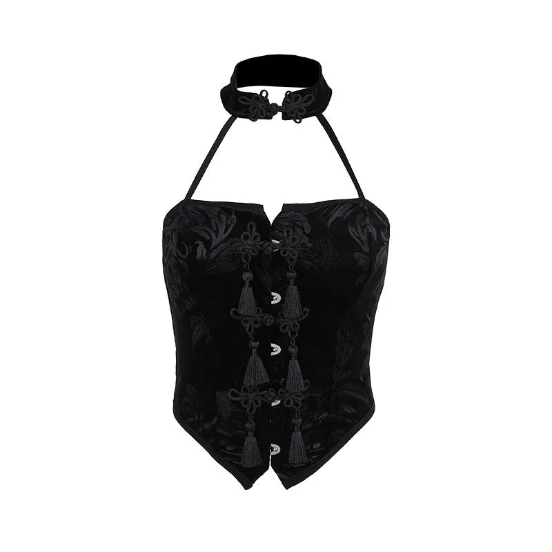 eybag Summer 2024 New Arrival Spicy Girl Tank Top Gothic  Style Sexy Choker Neck Black Qipao Button Top for Women