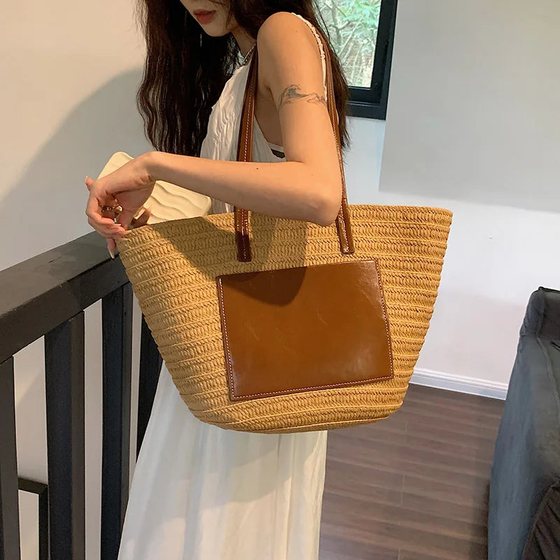 eybag Large Capacity Beach Shopping Bags High Quality Rattan Woven Shoulder Bag Women Straw Handbags Summer Travel Bag Basket Purse