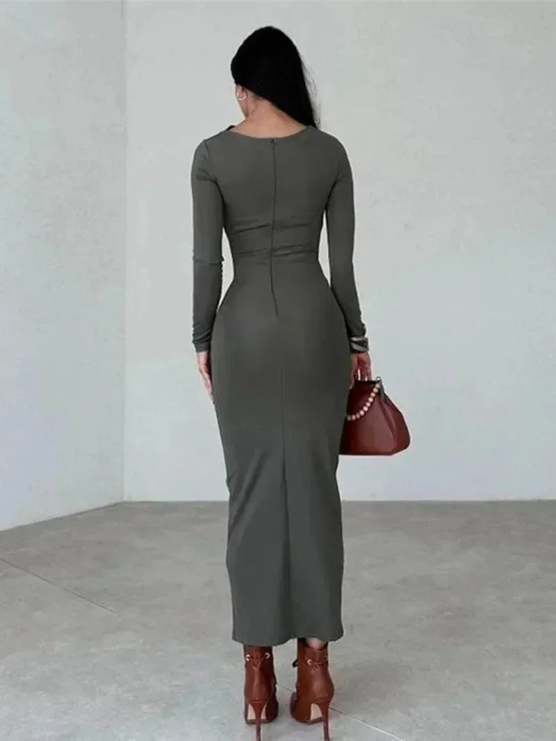 eybag 2024 Autumn Women's O-neck High Waist Folds Long Dress Streetwear Winter Office Lady Solid Tunics Bodycon Evening Party Dresses