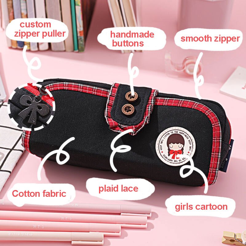 eybag Simple Design Pencil Cases Button Vintage Pen Bag Cute Kawaii Canvas Pencil Bag With Zipper Large Capacity Stationery Bag